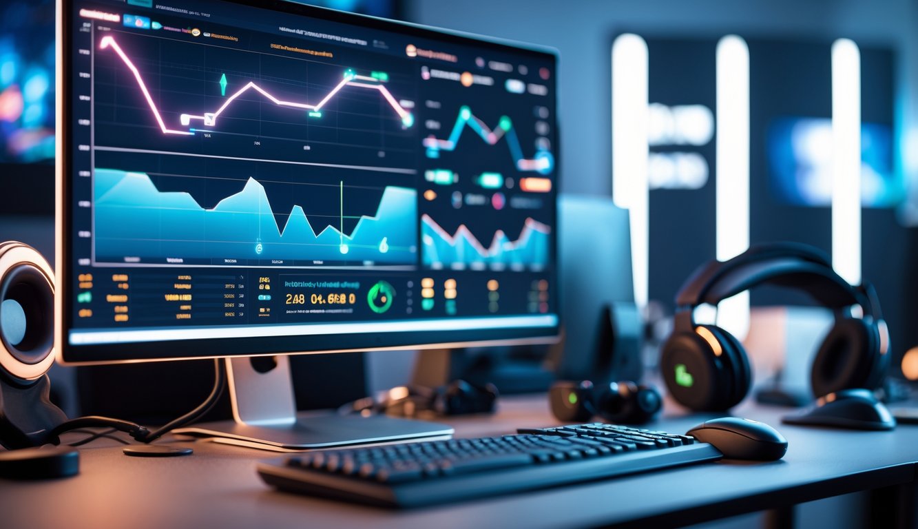 Sebuah ruang kerja digital modern dengan komputer yang menampilkan grafik data waktu nyata dan perlengkapan gaming di sekitarnya.