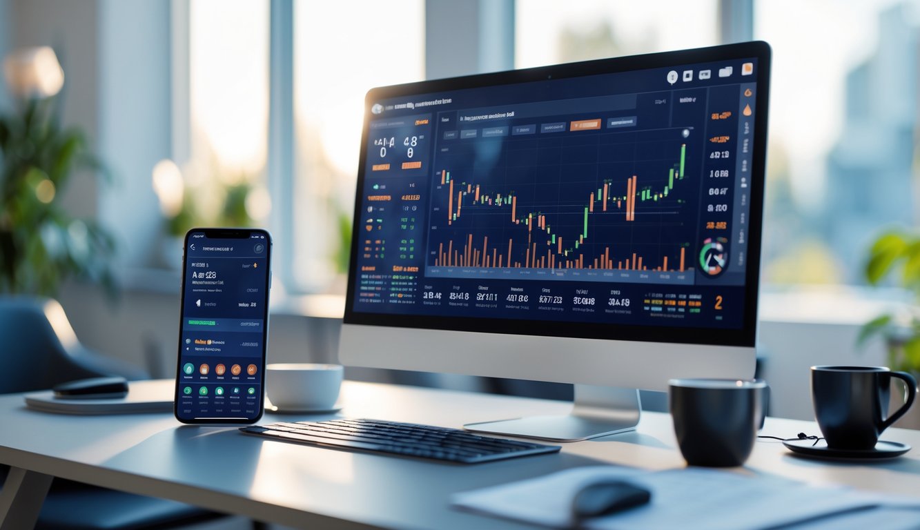 Meja kerja dengan komputer dan ponsel yang menampilkan grafik dan jam, suasana ruang kerja yang rapi dan terang.