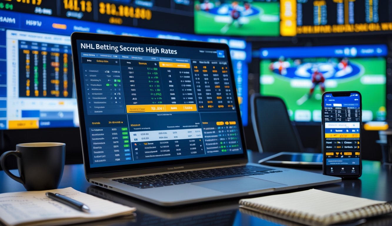 Meja kerja modern dengan laptop yang menampilkan statistik NHL, catatan, kopi, dan ponsel yang menunjukkan pertandingan hoki langsung.