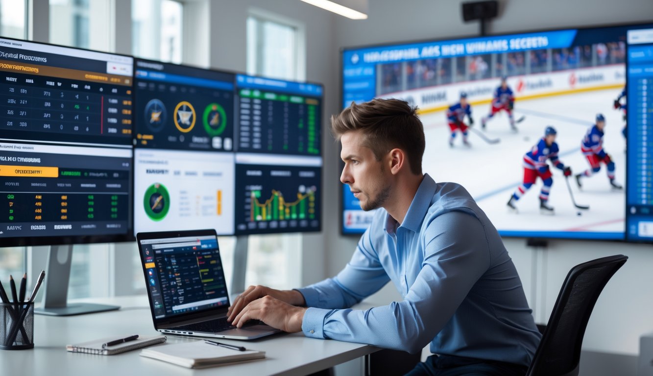 Seorang pria muda duduk di meja dengan beberapa layar menampilkan statistik dan pertandingan hoki es NHL, sedang fokus menganalisis data.