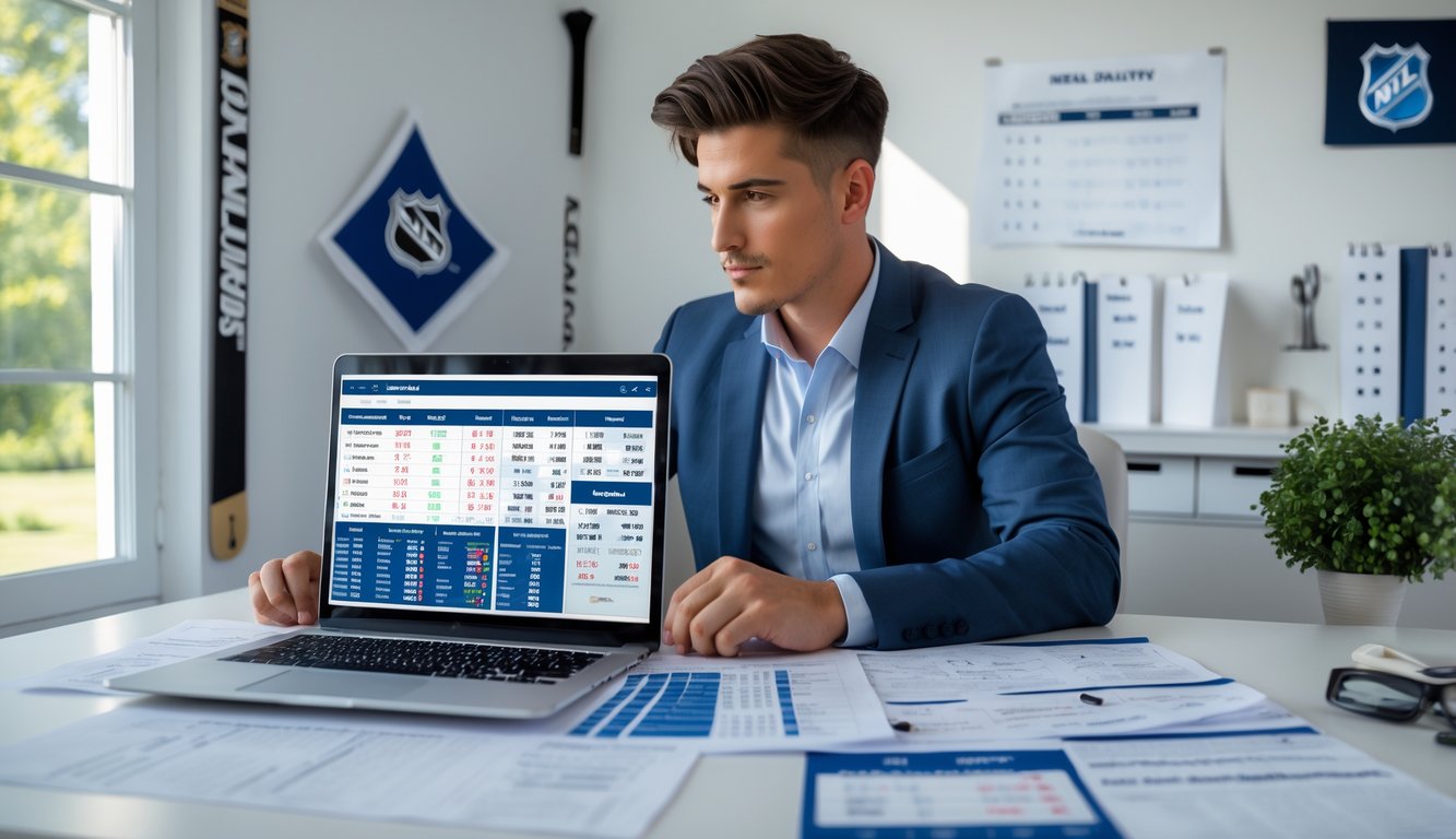 Seorang pria muda duduk di meja dengan laptop dan catatan, menganalisis strategi taruhan NHL di ruang kerja yang terang dan rapi.