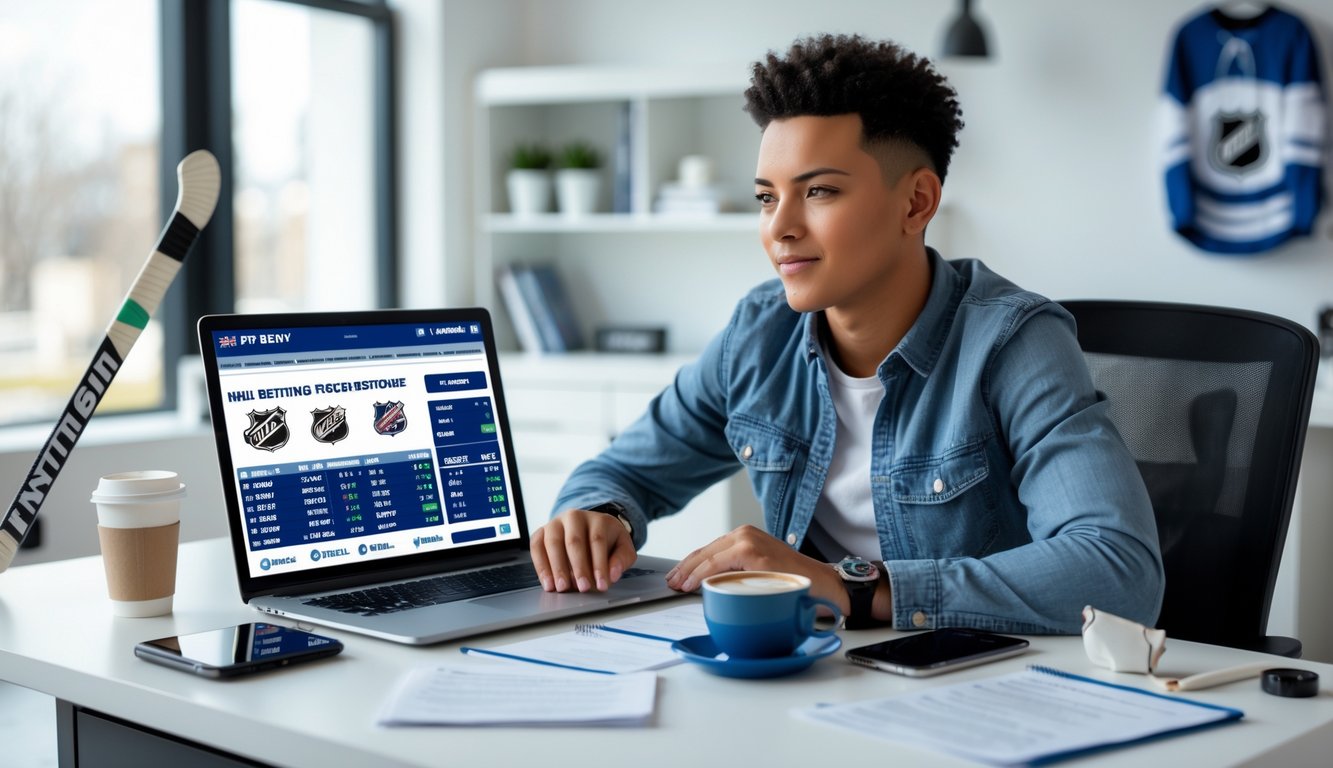Seorang pemula sedang duduk di meja dengan laptop dan catatan, mempelajari statistik dan peluang taruhan NHL di lingkungan kantor yang terang dan rapi.