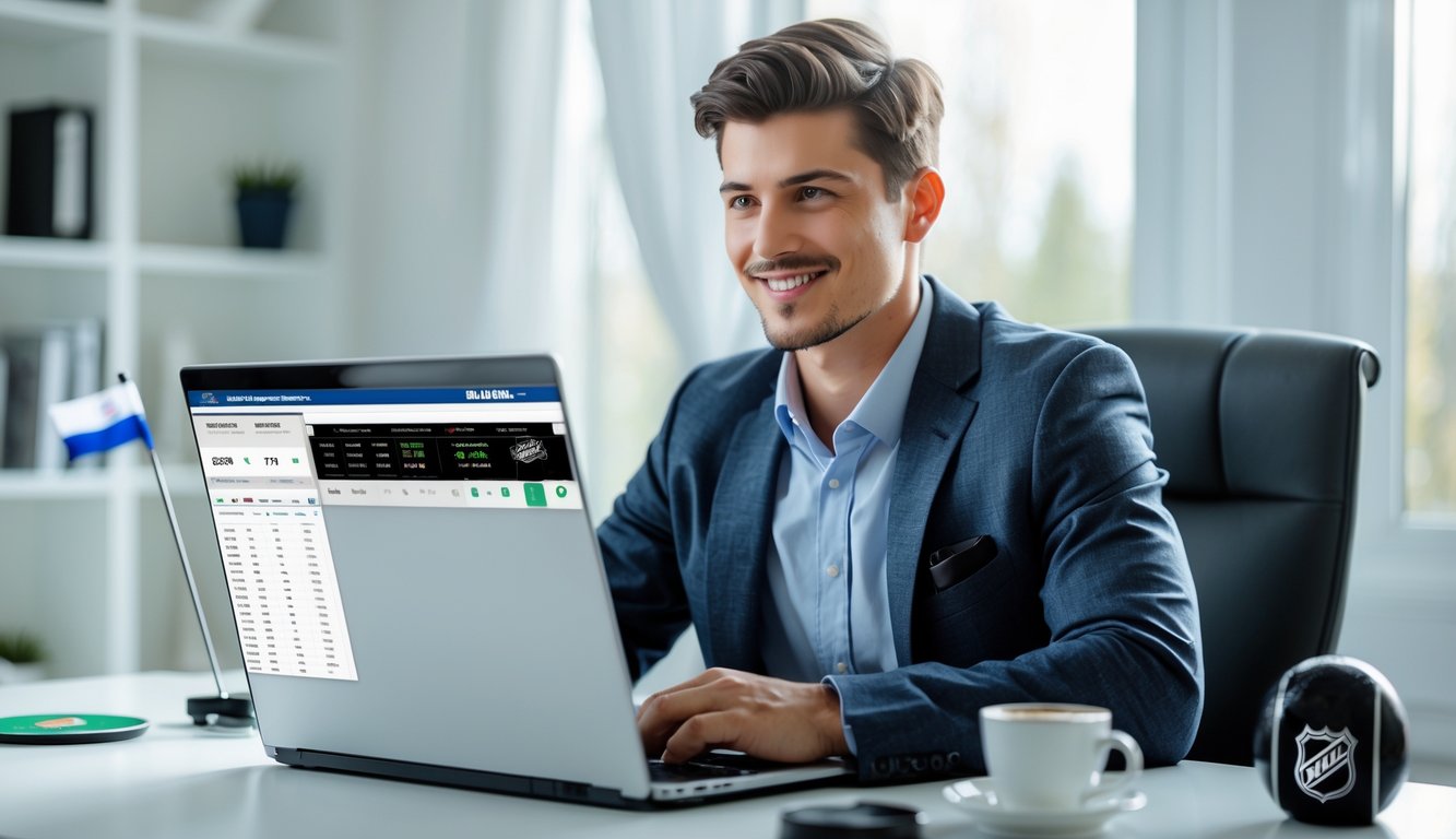 Seorang pria muda duduk di meja dengan laptop yang menampilkan statistik dan peluang taruhan NHL, tersenyum sambil bekerja di ruang kerja rumah yang terang.