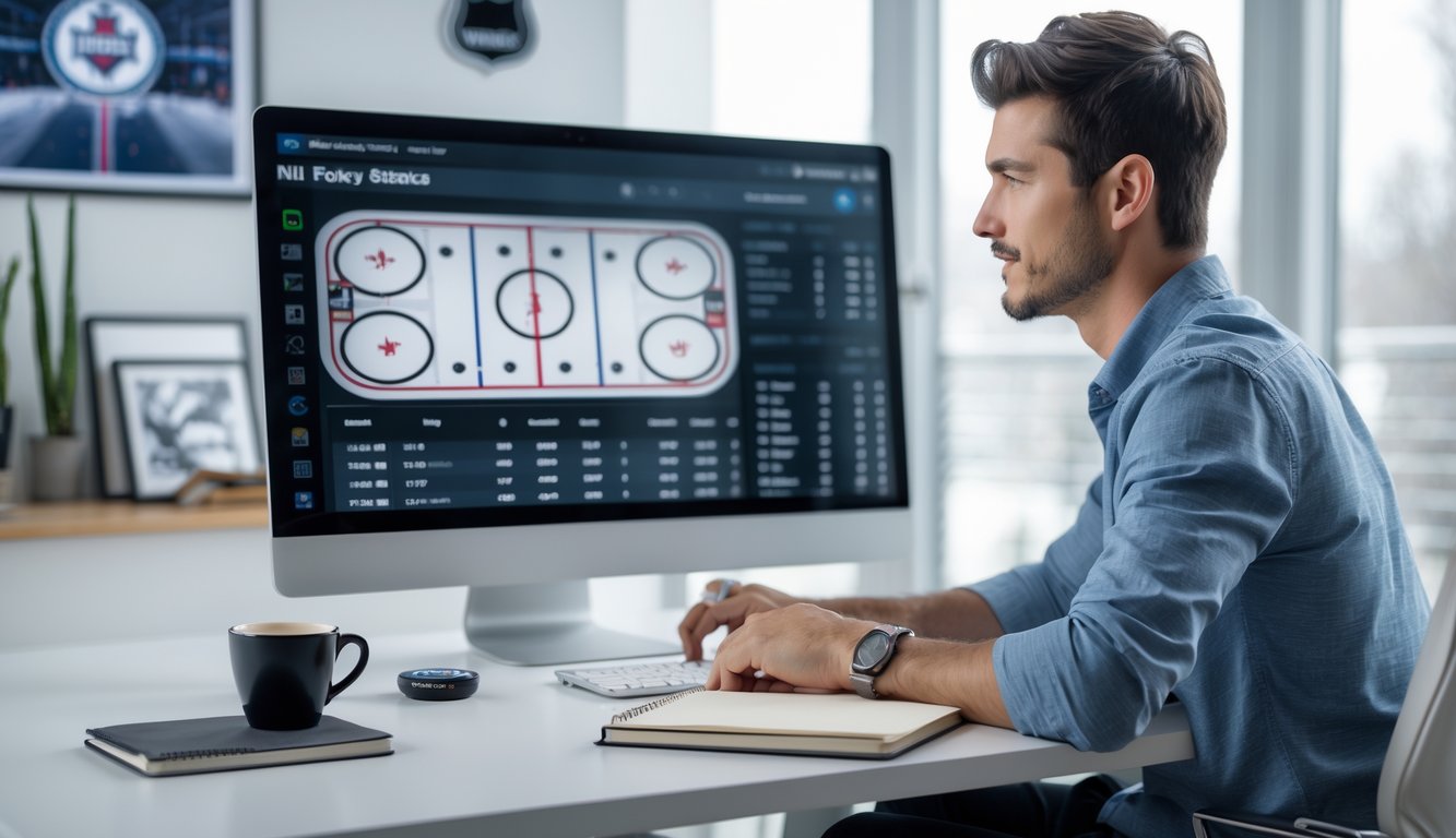 Seorang pria muda duduk di meja dengan komputer, menganalisis statistik pertandingan hoki es NHL.