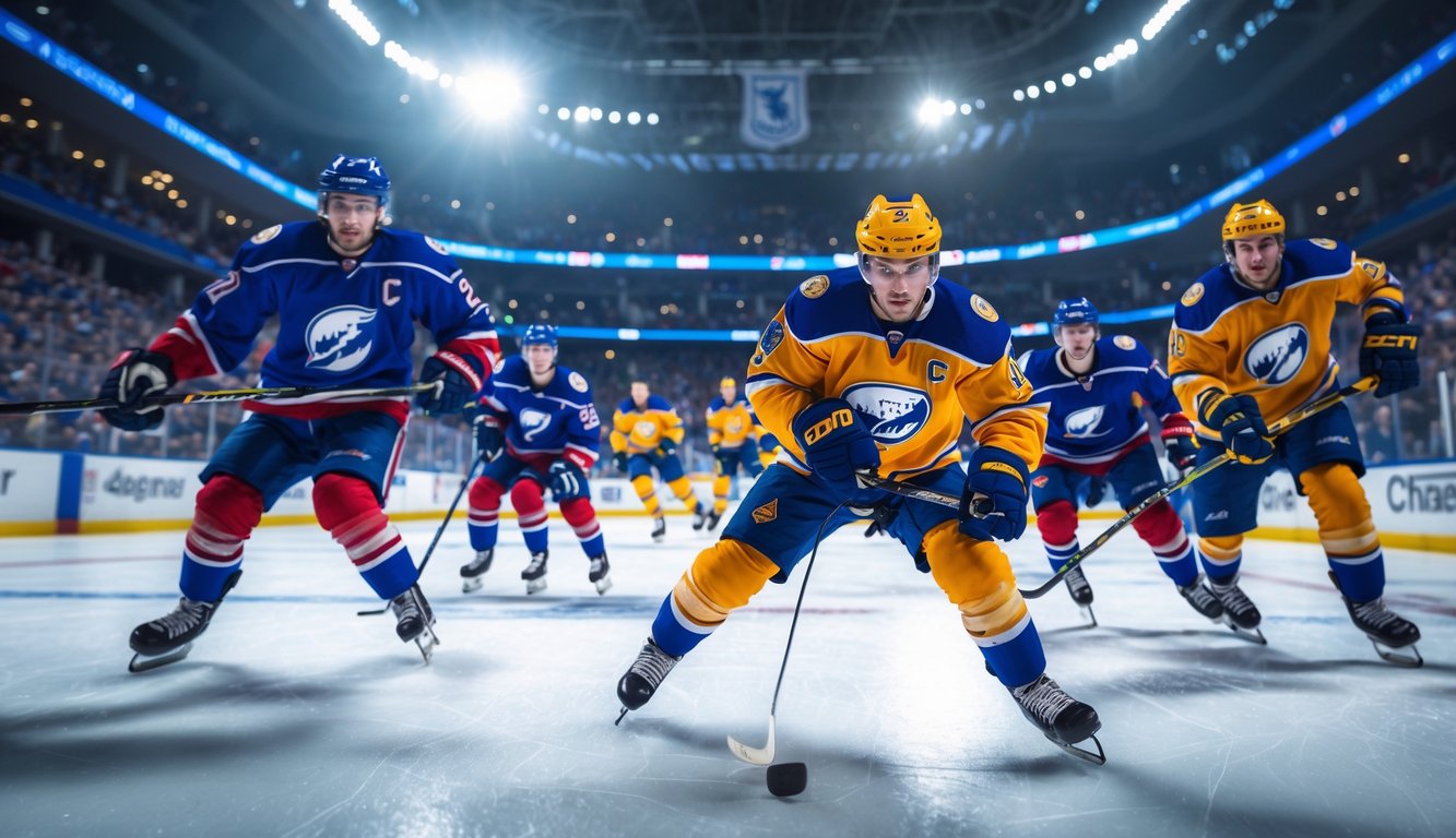 Para pemain hoki es sedang bermain dengan penuh semangat di arena NHL yang ramai dan terang.