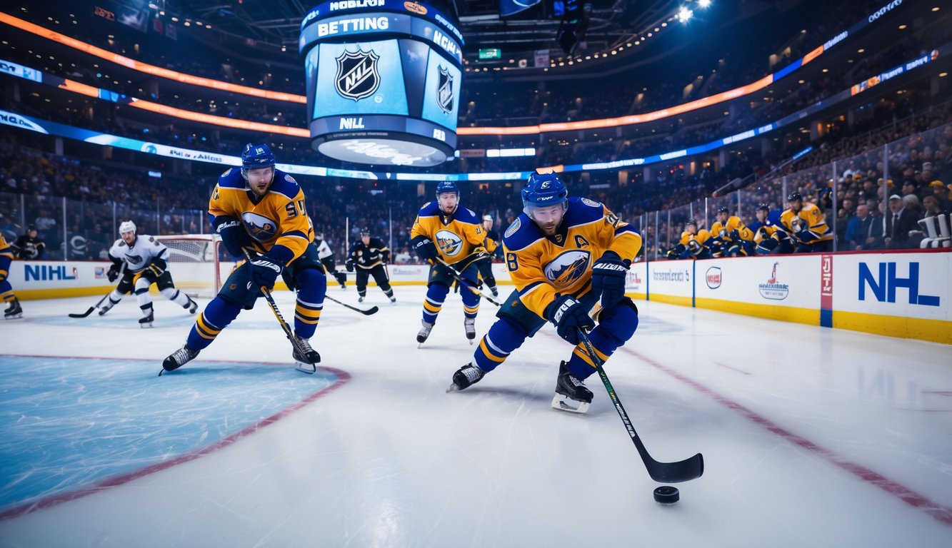 Pertandingan hoki es NHL yang intens dengan pemain yang sedang beraksi di lapangan es dan penonton di tribun.