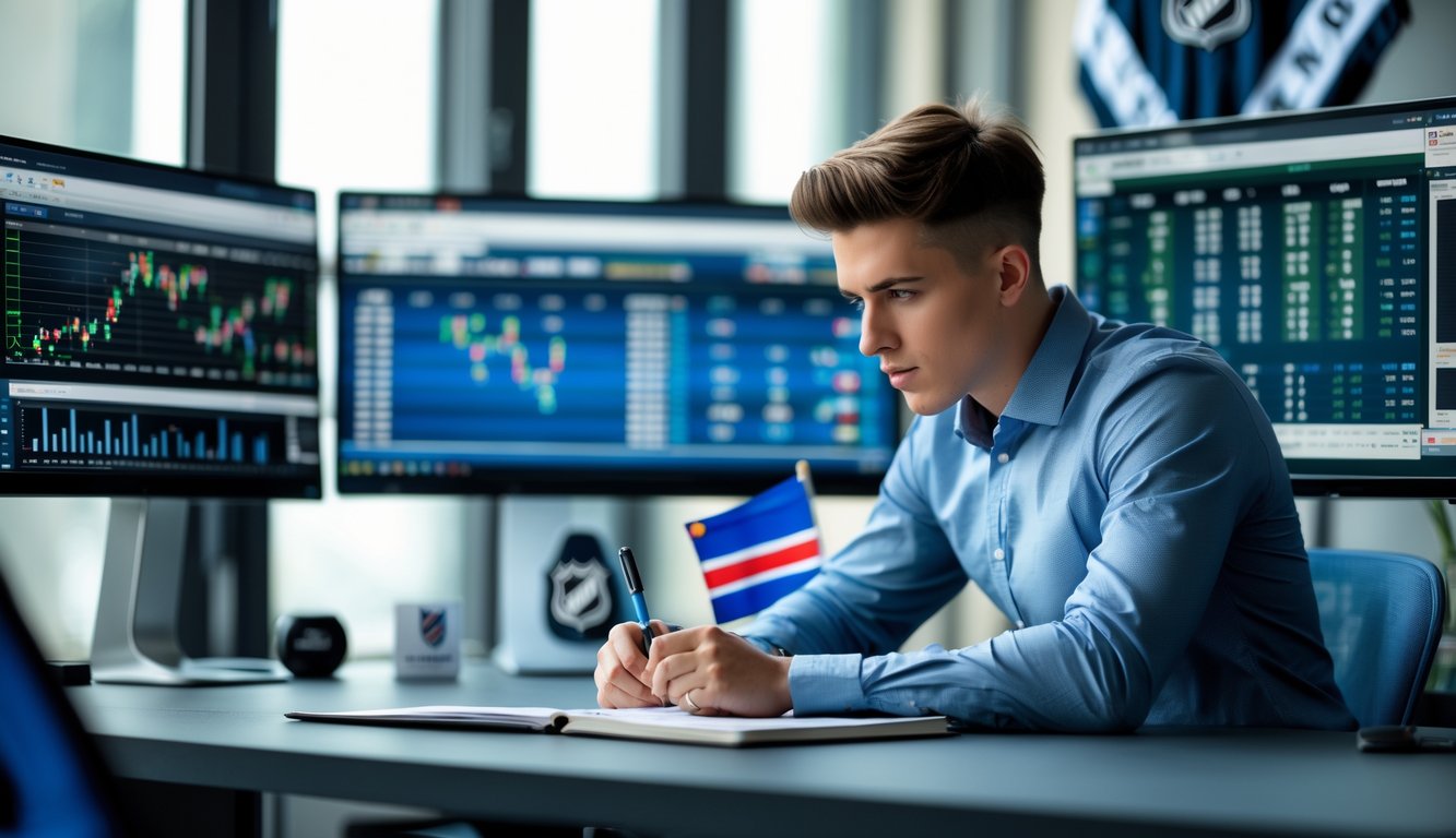 Seorang analis olahraga sedang memeriksa data statistik taruhan NHL di kantor dengan beberapa layar komputer dan alat tulis di meja.