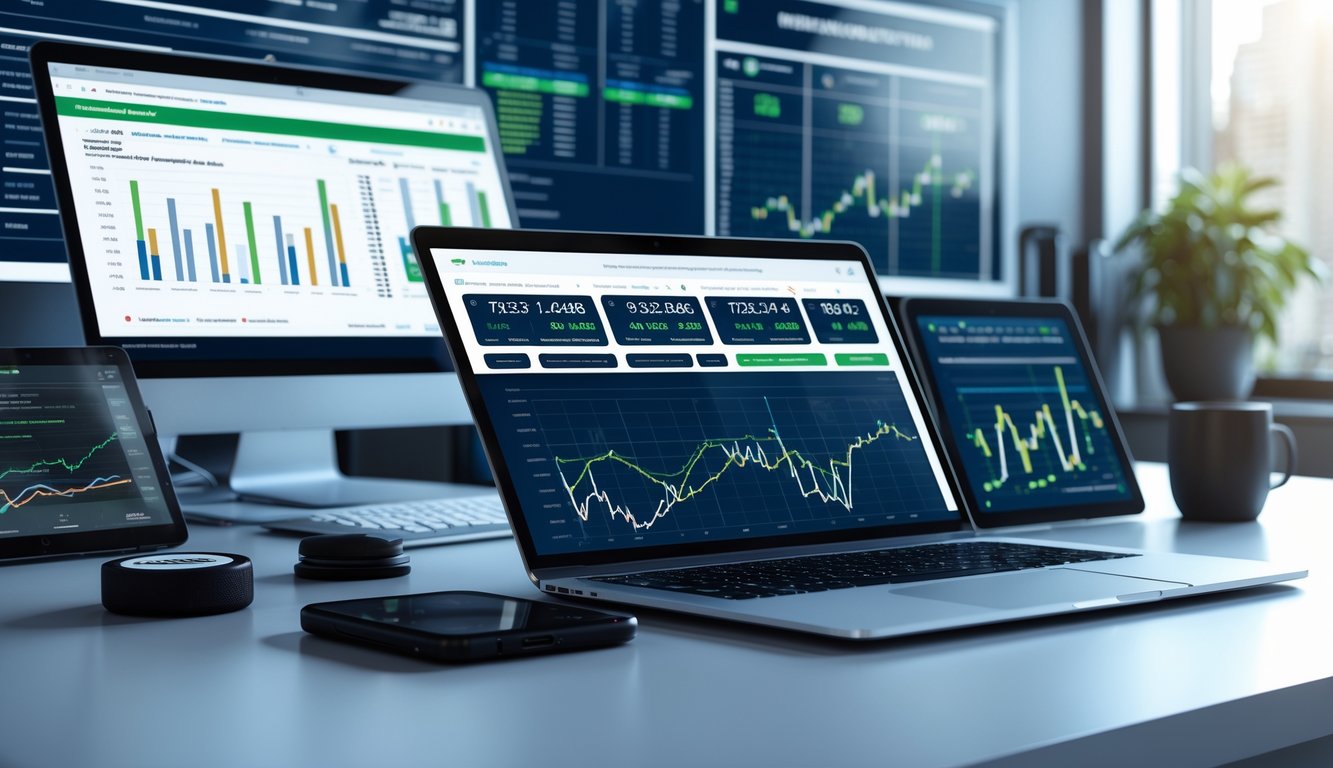 Sebuah ruang kerja modern dengan perangkat digital menampilkan grafik statistik dan peralatan hoki di meja.