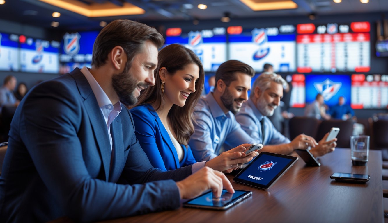 Orang-orang sedang memasang taruhan pada pertandingan hoki es NHL di sebuah ruang taruhan modern dengan layar besar yang menampilkan pertandingan langsung.