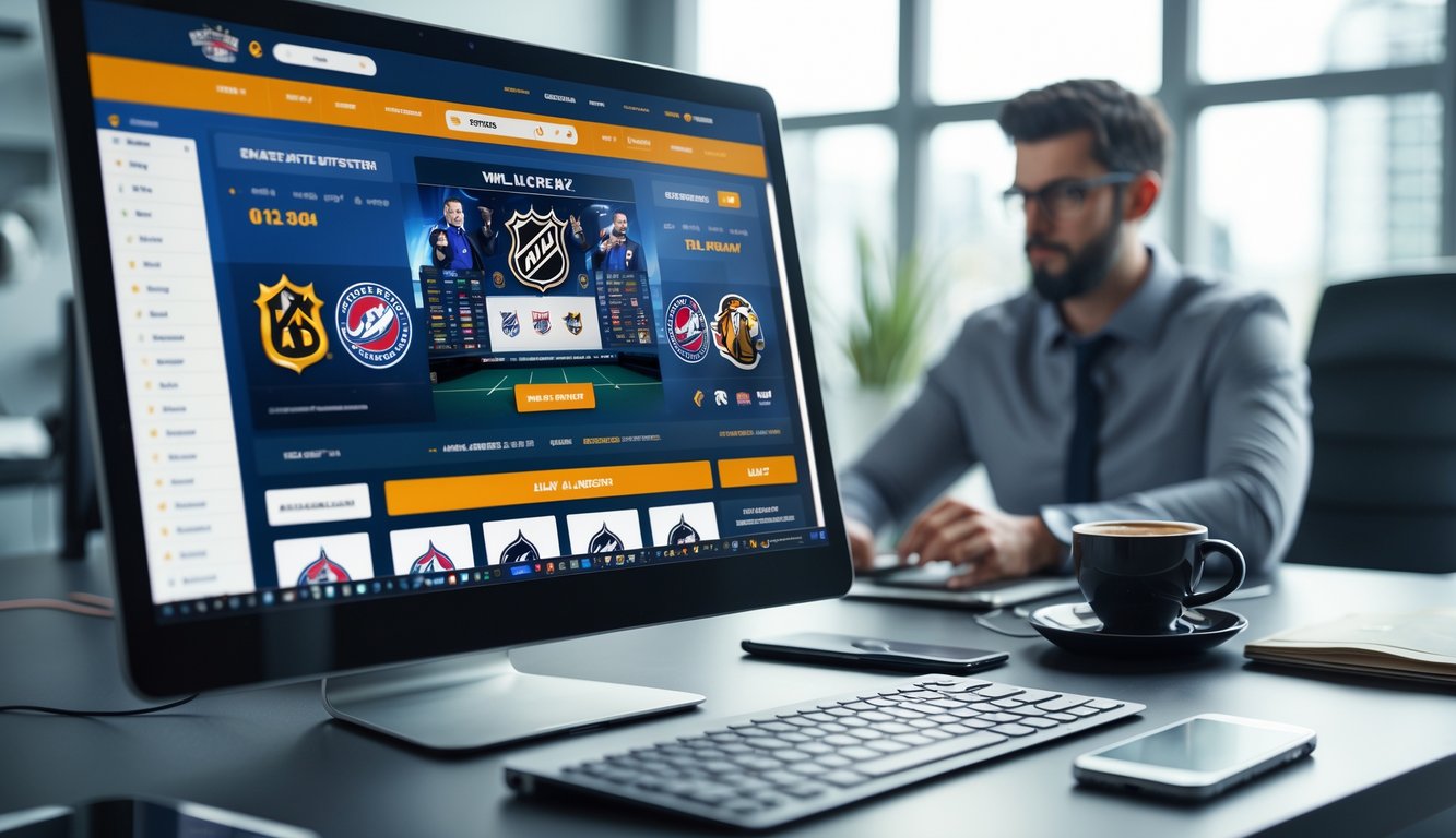 Seorang profesional duduk di depan komputer dengan tampilan situs taruhan NHL, dikelilingi alat kerja seperti ponsel dan buku catatan di meja.
