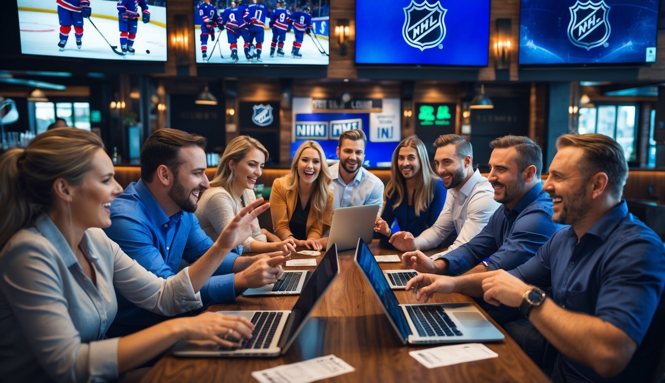 Sekelompok orang sedang menonton pertandingan hoki NHL di bar olahraga sambil memasang taruhan dengan perangkat elektronik.