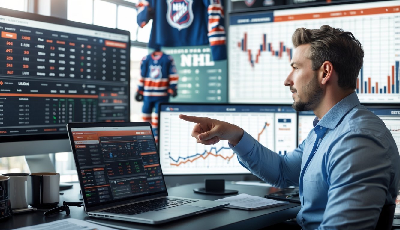 Seorang analis olahraga sedang memeriksa data taruhan NHL di ruang kerja dengan beberapa layar yang menampilkan pertandingan hoki dan grafik statistik.