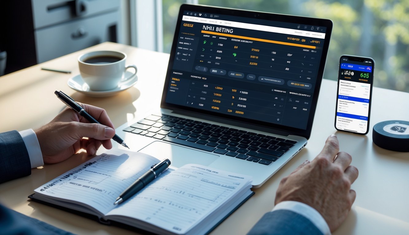 Meja kerja dengan laptop menampilkan statistik NHL, tangan seseorang memegang pena di atas buku catatan, dan ponsel dengan pembaruan pertandingan hoki.