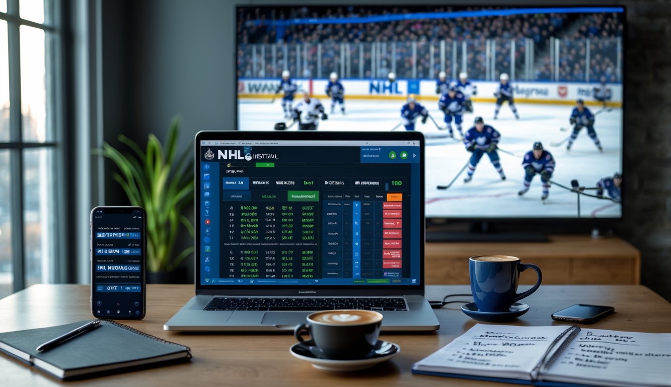 Seorang pria duduk di meja kerja dengan laptop yang menampilkan statistik dan peluang taruhan NHL, di latar belakang televisi menunjukkan pertandingan hoki es yang sedang berlangsung.