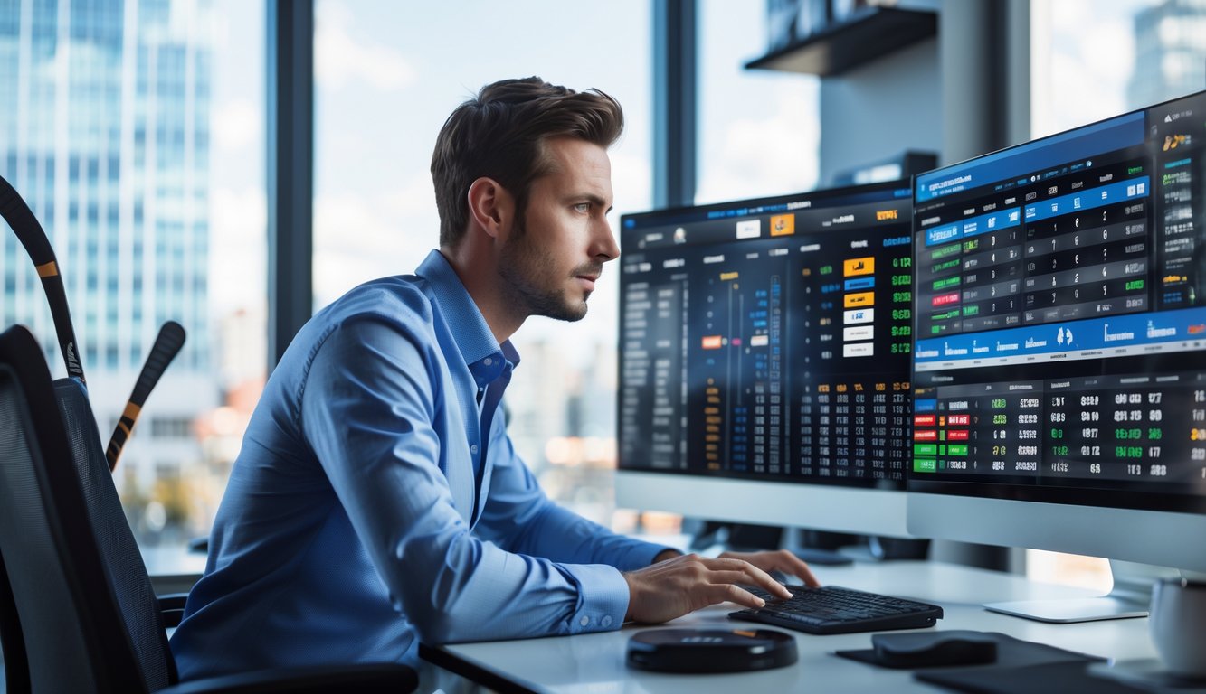 Seorang pria fokus menganalisis peluang taruhan NHL di depan beberapa layar komputer di kantor modern.