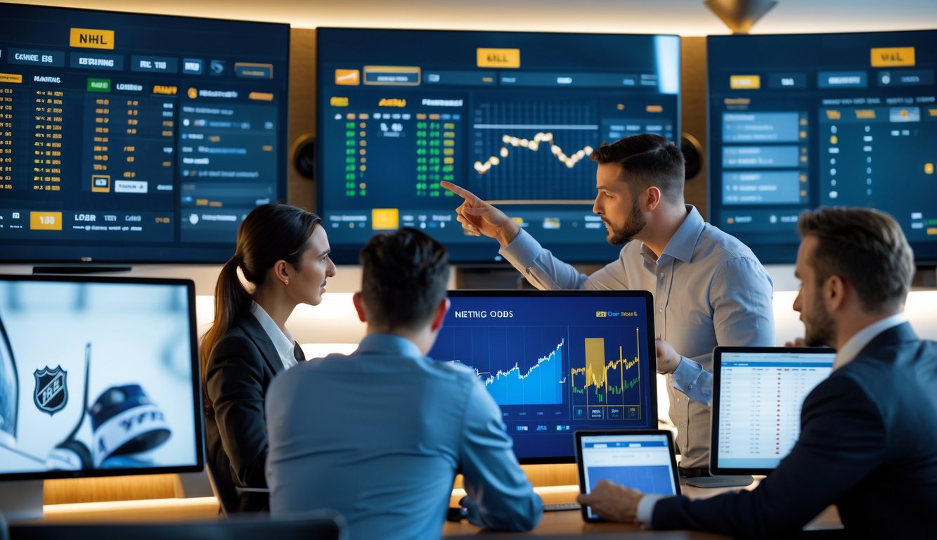 Sekelompok orang sedang menganalisis peluang taruhan NHL di depan layar digital besar dalam ruangan modern.