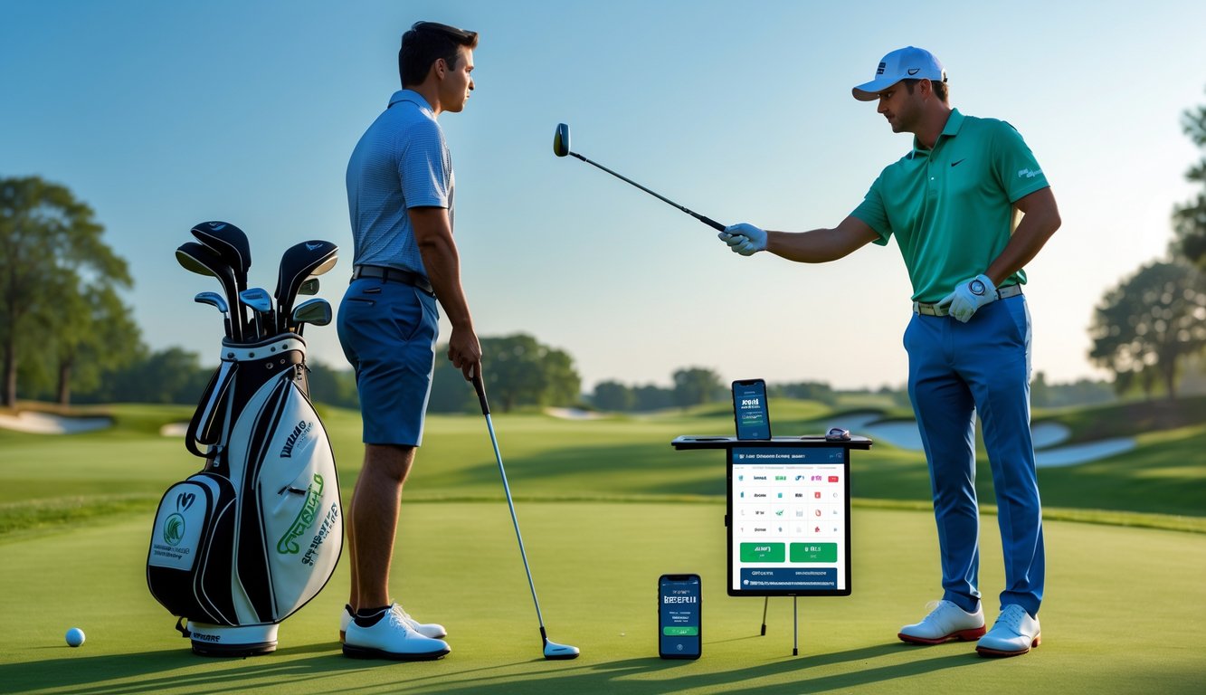 Seorang pegolf pemula sedang menerima pelatihan dari pelatih golf di lapangan hijau dengan perlengkapan golf di sekitar mereka.