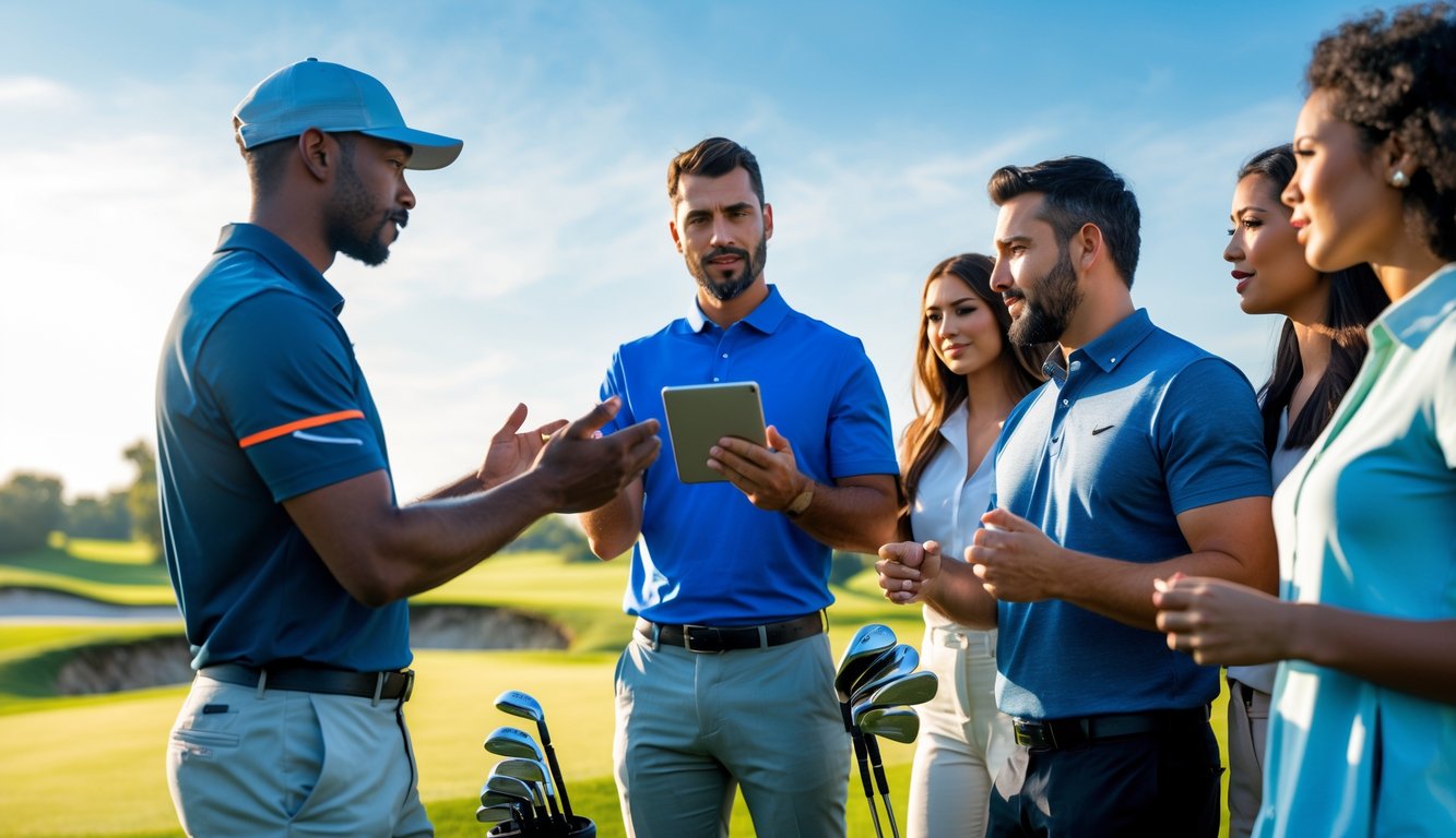Sekelompok orang sedang belajar strategi taruhan golf di lapangan golf dengan seorang instruktur yang menjelaskan menggunakan tablet.