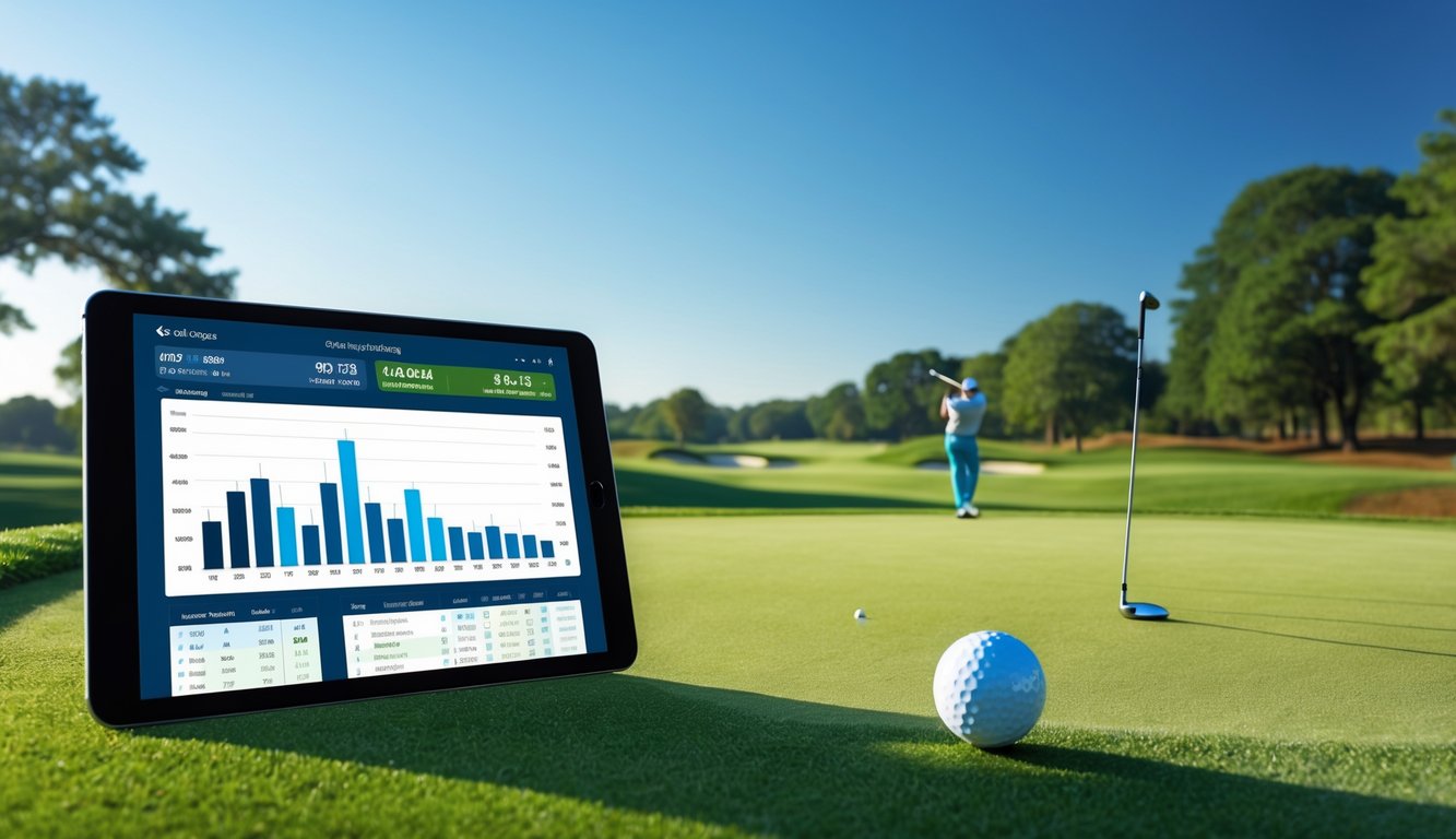 Seorang pemain golf sedang melakukan ayunan di lapangan golf yang rapi dengan tablet yang menampilkan grafik analisis di tangan.