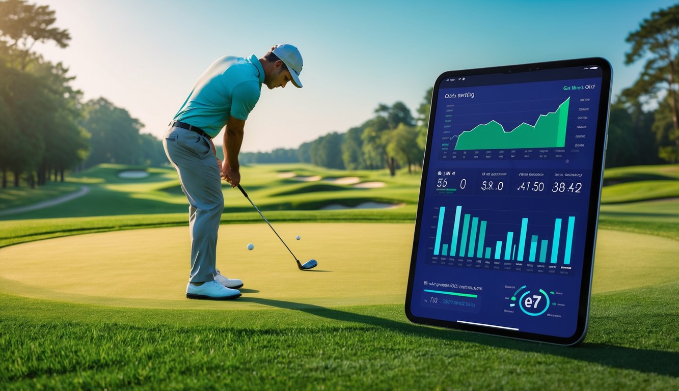 Seorang pegolf sedang bersiap melakukan ayunan di lapangan golf yang hijau dengan langit cerah dan perangkat digital menampilkan analisa taruhan golf di sampingnya.