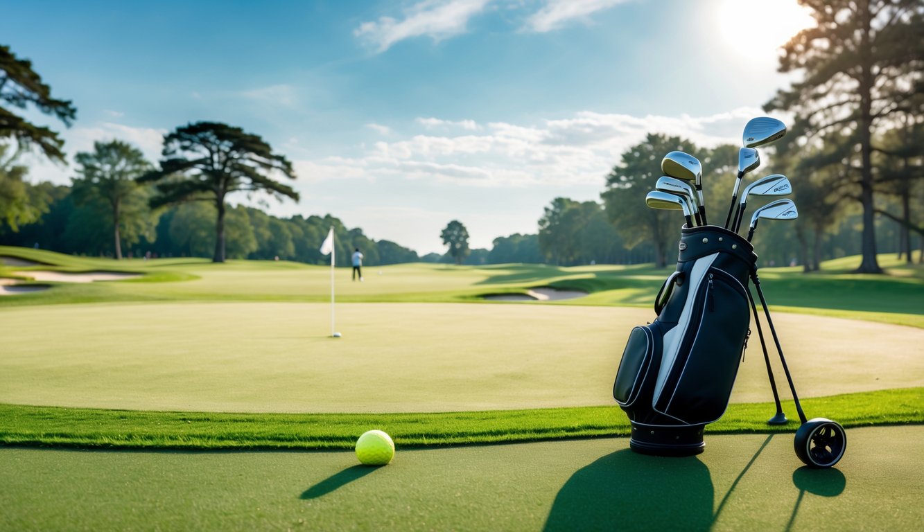 Lapangan golf hijau dengan tiang bendera di lubang, klub golf di tas di kereta golf, dan beberapa pemain golf di kejauhan.