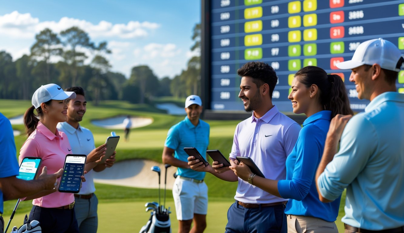 Sekelompok orang sedang berdiskusi tentang taruhan golf di dekat papan skor digital di lapangan golf selama turnamen PGA.