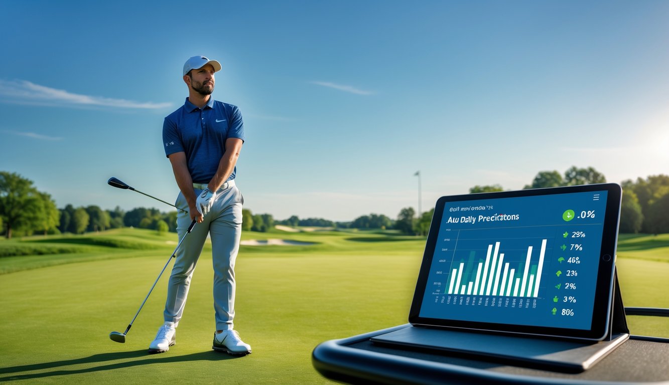 Seorang pemain golf berdiri di lapangan golf hijau dengan pakaian golf rapi, memegang tongkat golf dan bersiap melakukan ayunan, dengan tablet menampilkan data di dekatnya.