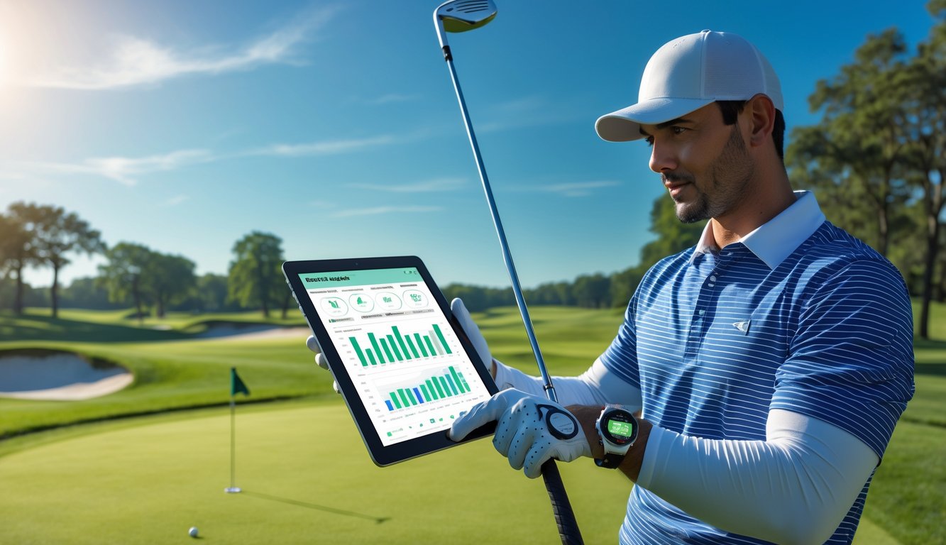 Seorang pegolf berdiri di lapangan golf hijau sambil melihat tablet digital dengan latar langit cerah dan lapangan golf.