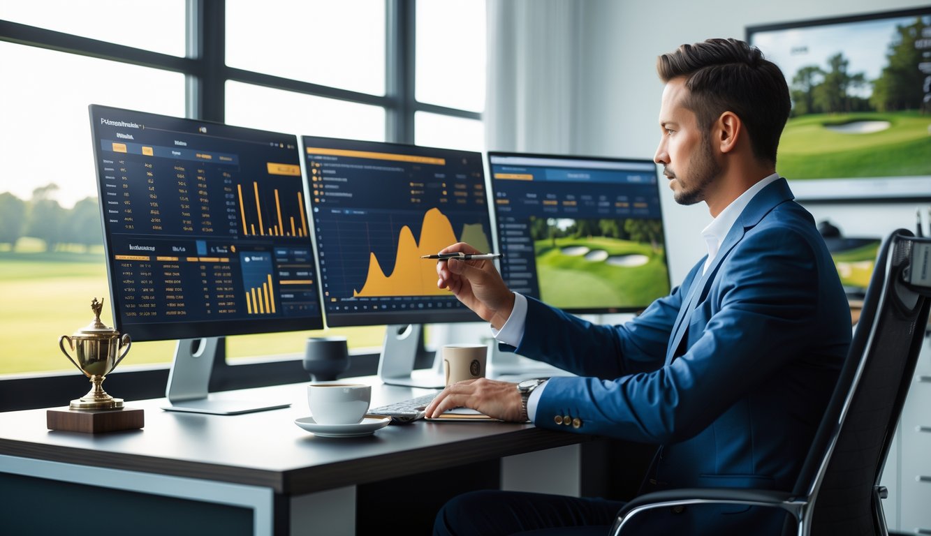 Seseorang duduk di meja dengan beberapa layar komputer menampilkan statistik pemain golf, sedang menganalisis data taruhan golf.