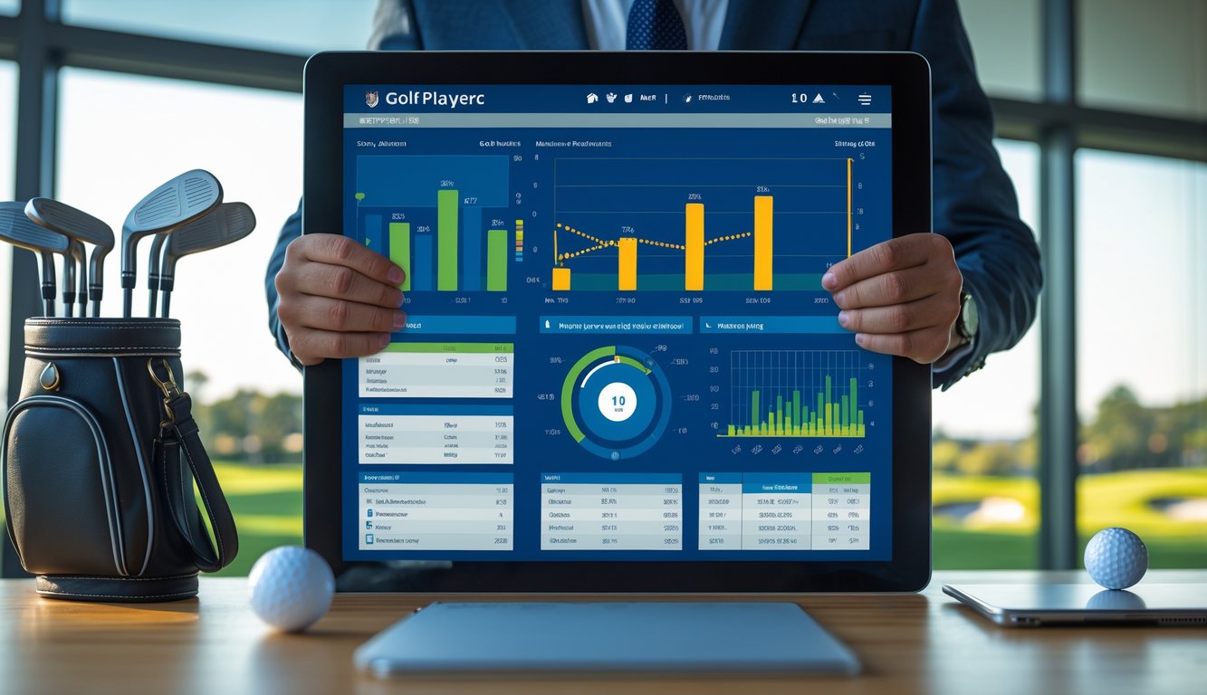 Seorang pria sedang menganalisis statistik pemain golf di layar digital dengan latar belakang perlengkapan golf dan pemandangan lapangan golf.