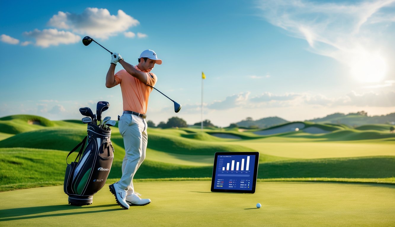 Seorang pegolf pria sedang melakukan ayunan di lapangan golf hijau dengan pemandangan bukit dan langit cerah.