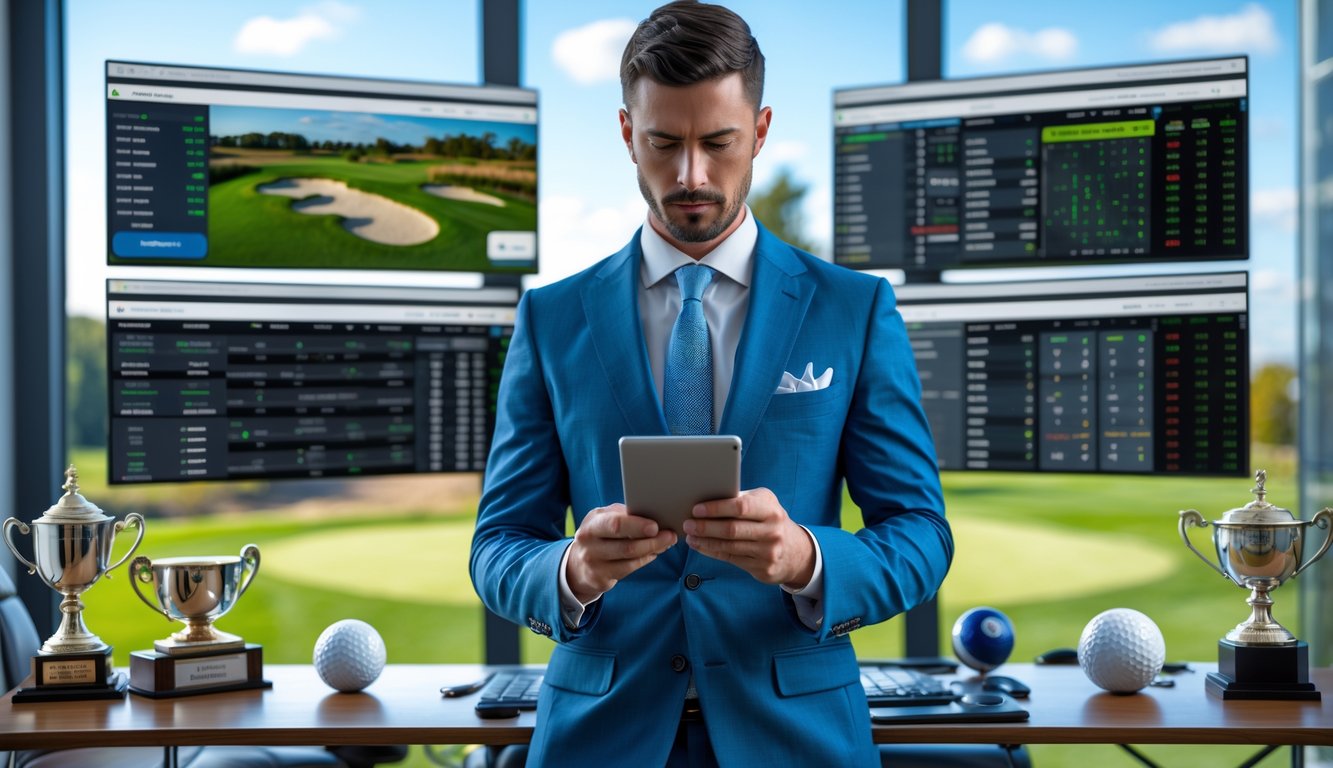 Seorang petaruh profesional sedang menganalisis statistik golf di ruang kantor modern dengan pemandangan lapangan golf di luar jendela.