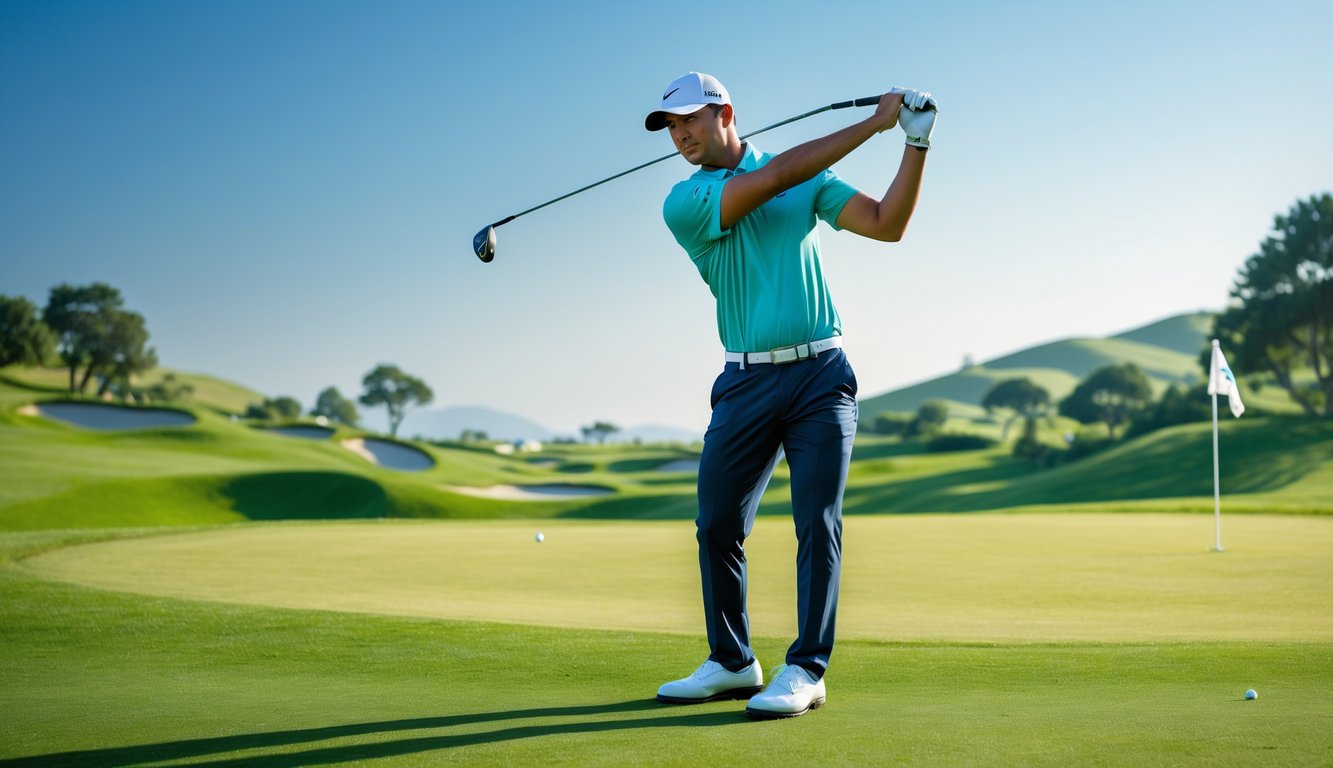 Seorang pemain golf sedang bersiap melakukan ayunan di lapangan golf yang hijau dengan langit cerah dan pemandangan bukit di latar belakang.