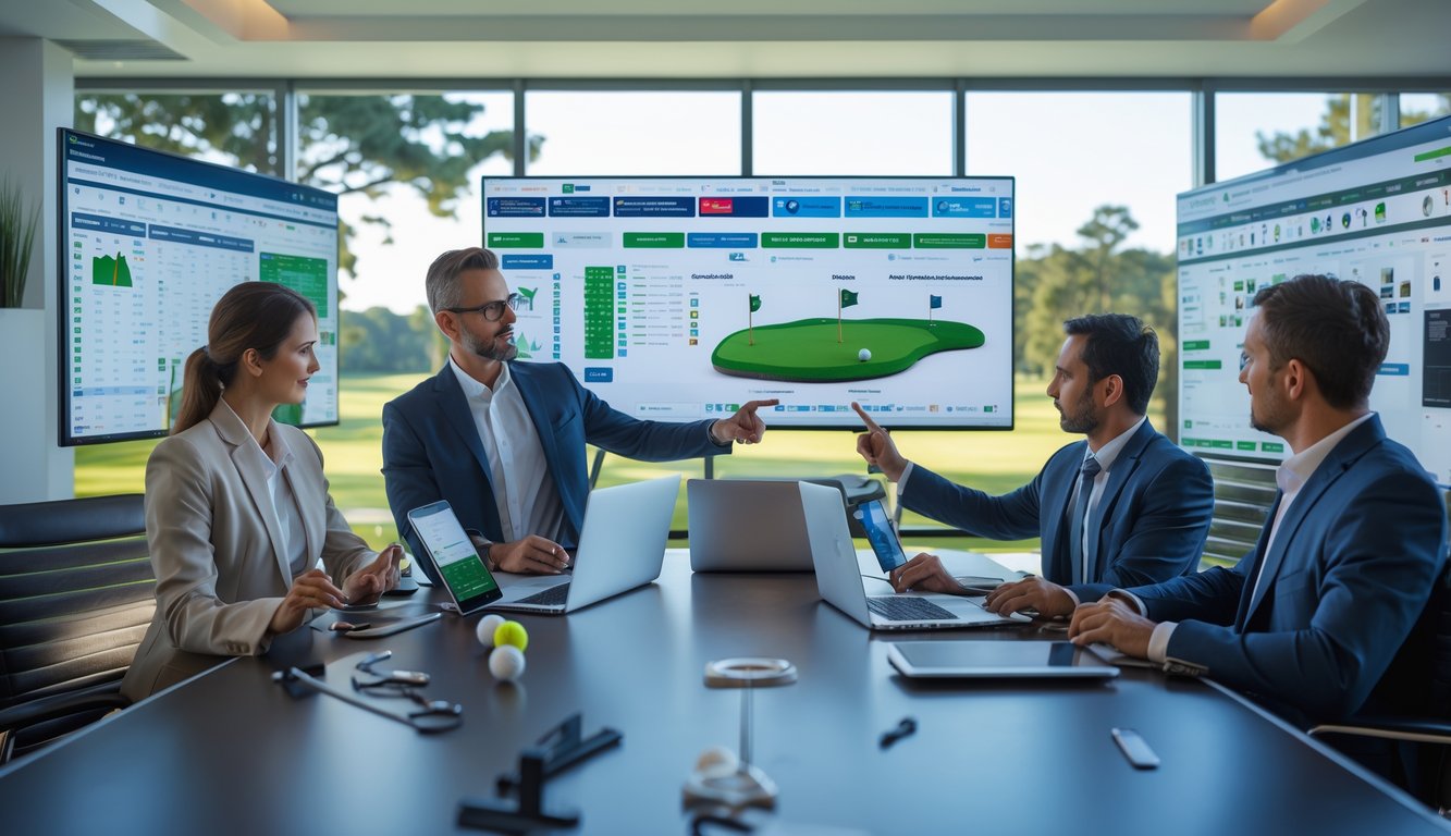 Sekelompok profesional sedang berdiskusi di ruang kantor dengan layar yang menampilkan data dan grafik terkait golf, dengan latar belakang lapangan golf.