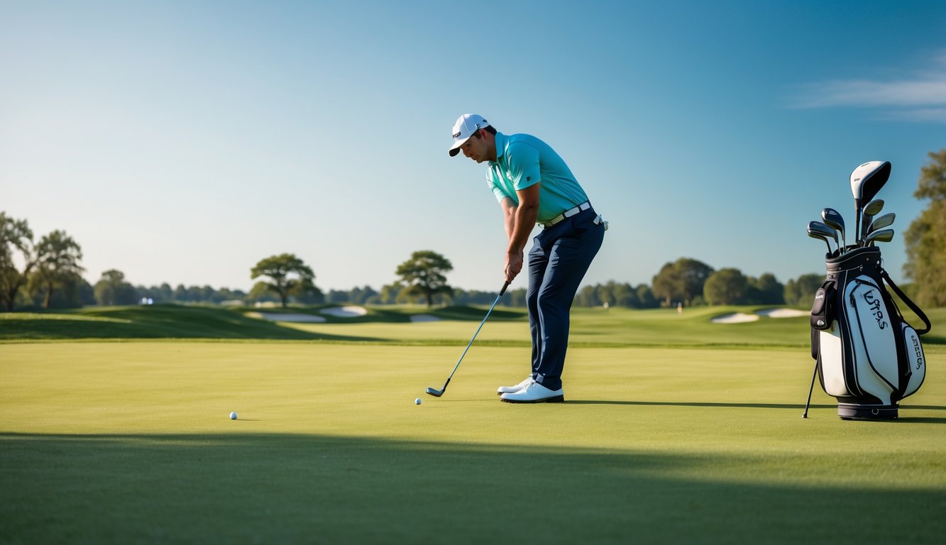 Seorang pegolf pria serius sedang melakukan ayunan di lapangan golf yang cerah dengan tas golf di dekatnya.