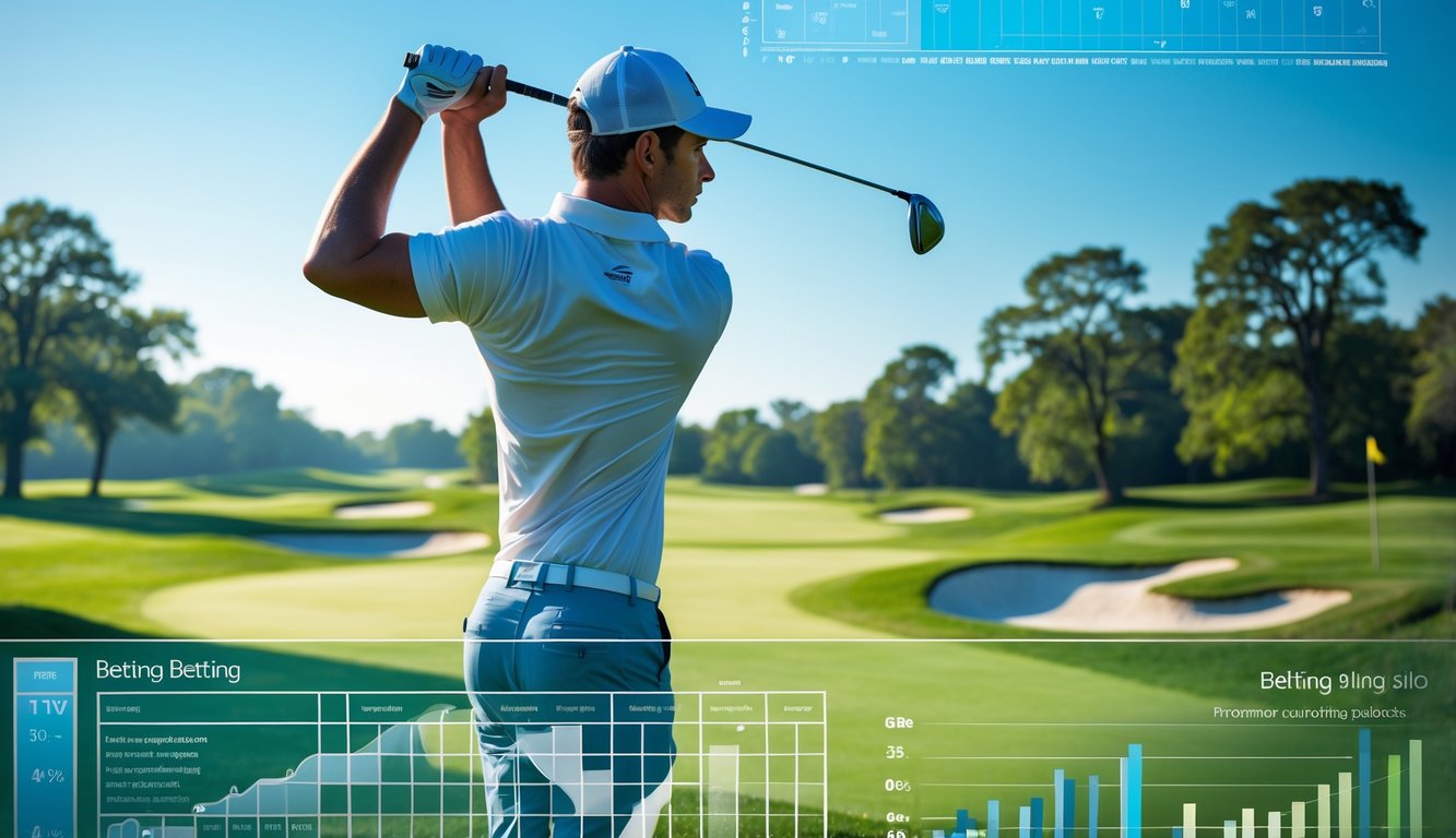 Seorang pegolf pria sedang mengayunkan tongkat golf di lapangan golf yang hijau dengan latar belakang langit cerah dan elemen grafik taruhan yang transparan.