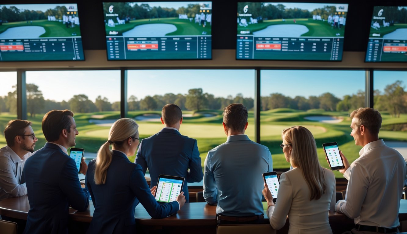 Sekelompok orang di bar menonton turnamen golf secara langsung sambil menggunakan ponsel untuk memasang taruhan.