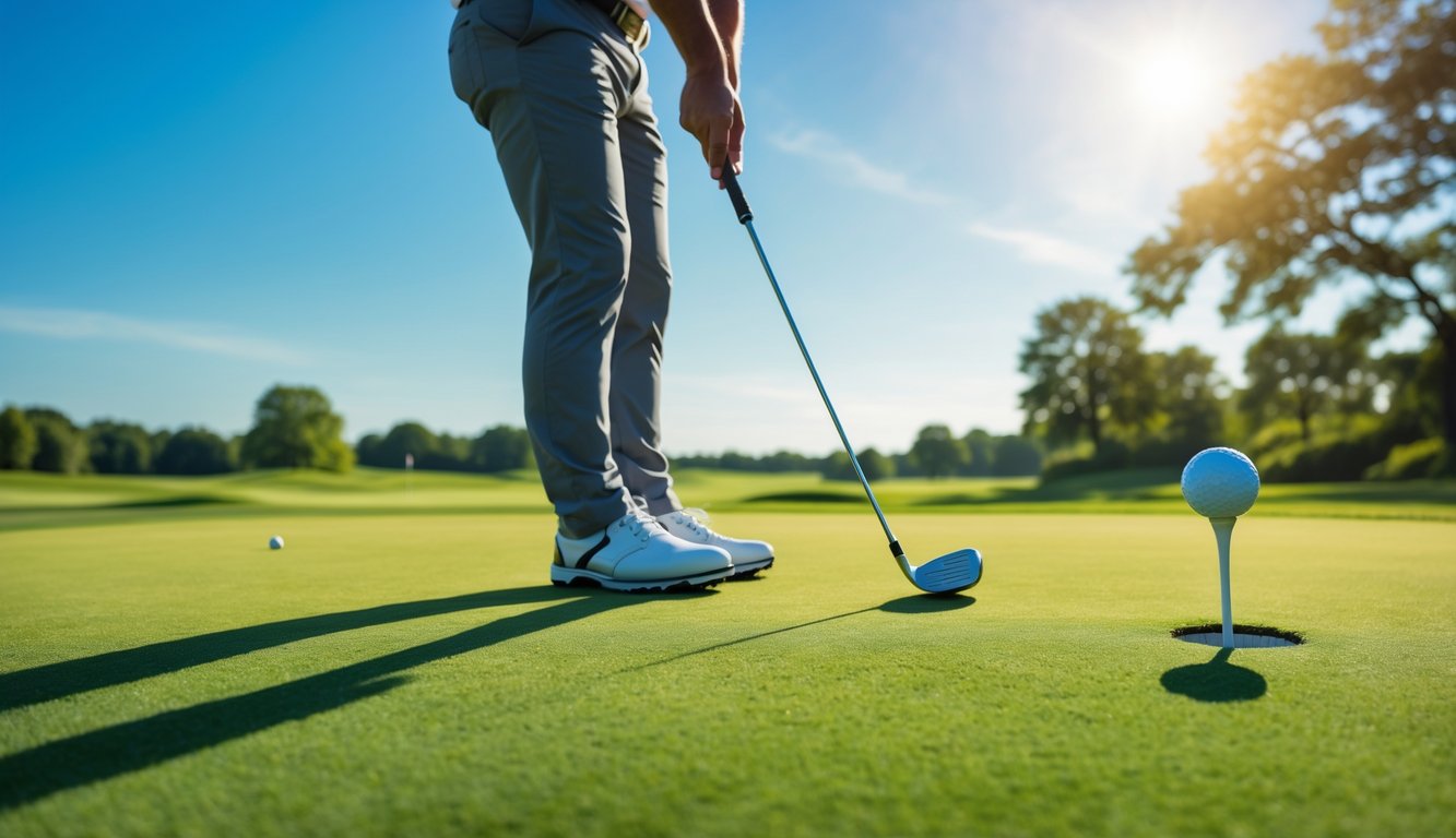 Seorang pegolf pemula sedang bersiap memukul bola golf di lapangan hijau yang cerah.