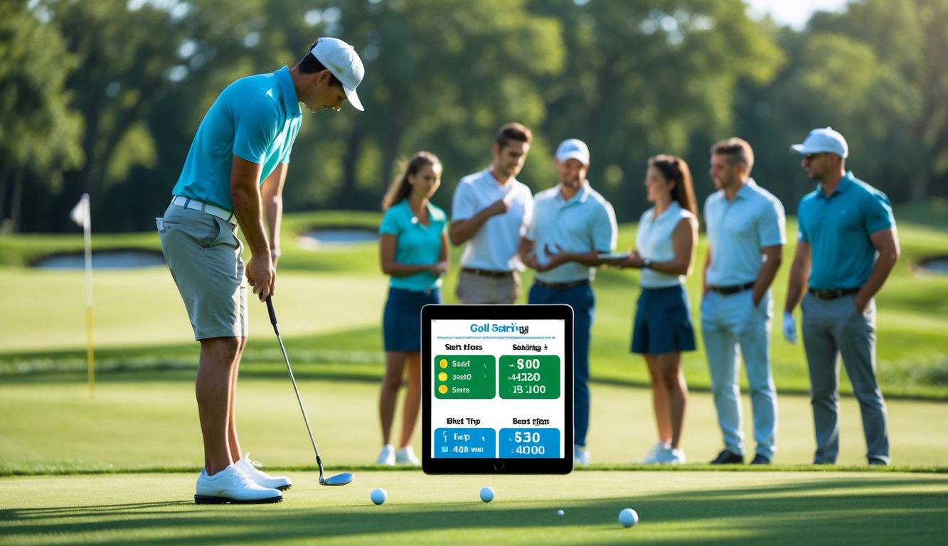 Seorang pemain golf pemula sedang bersiap memukul bola di lapangan golf dengan beberapa orang berdiskusi menggunakan tablet di latar belakang.