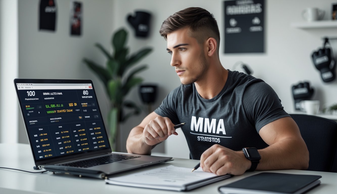 Seorang pria muda duduk di meja dengan laptop dan catatan, sedang menganalisis data taruhan MMA.