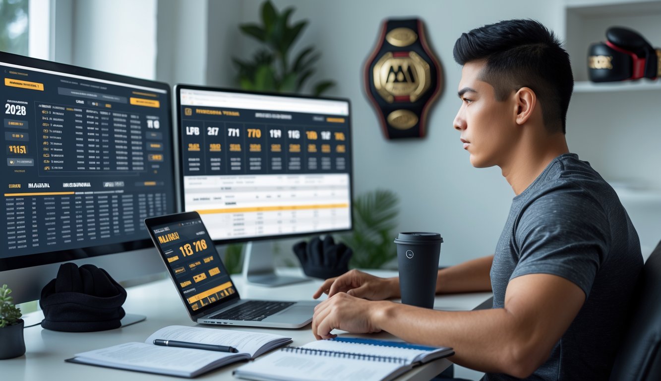 Seorang pria muda fokus duduk di meja dengan komputer dan catatan sambil menganalisis strategi taruhan MMA.