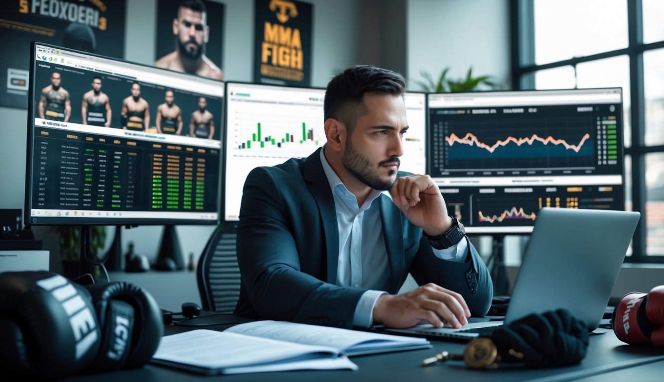 Seorang analis olahraga sedang memeriksa data statistik petarung MMA di depan beberapa monitor di kantor modern.