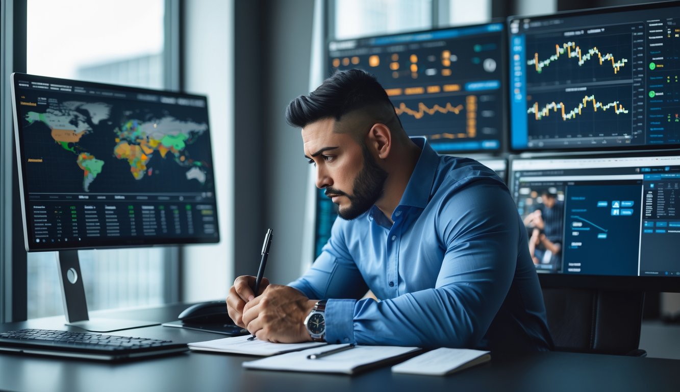 Seorang analis olahraga sedang memeriksa data dan statistik petarung MMA di depan beberapa layar komputer di sebuah kantor modern.