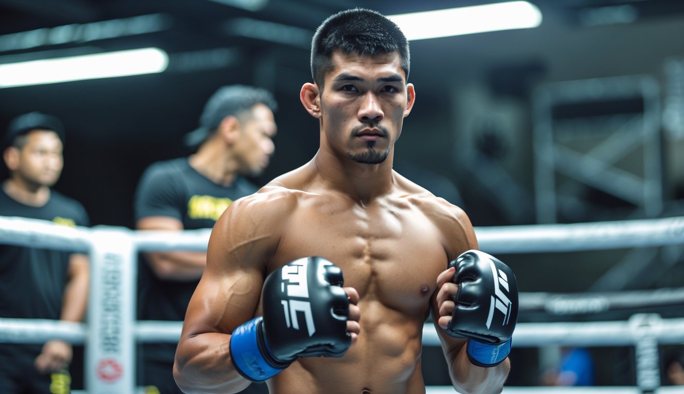 Seorang petarung MMA pria berdiri di dalam kandang octagon di gym dengan ekspresi fokus, mengenakan sarung tangan MMA dan pakaian olahraga.