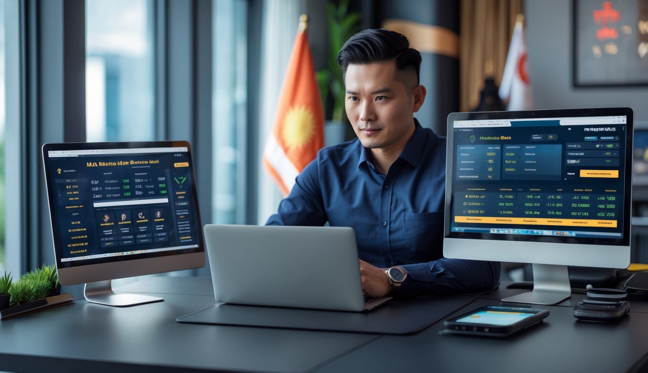 Seorang pria Asia Tenggara duduk di meja modern dengan perangkat digital yang menampilkan statistik taruhan MMA, terlihat fokus dan serius di sebuah kantor yang terang dan rapi.