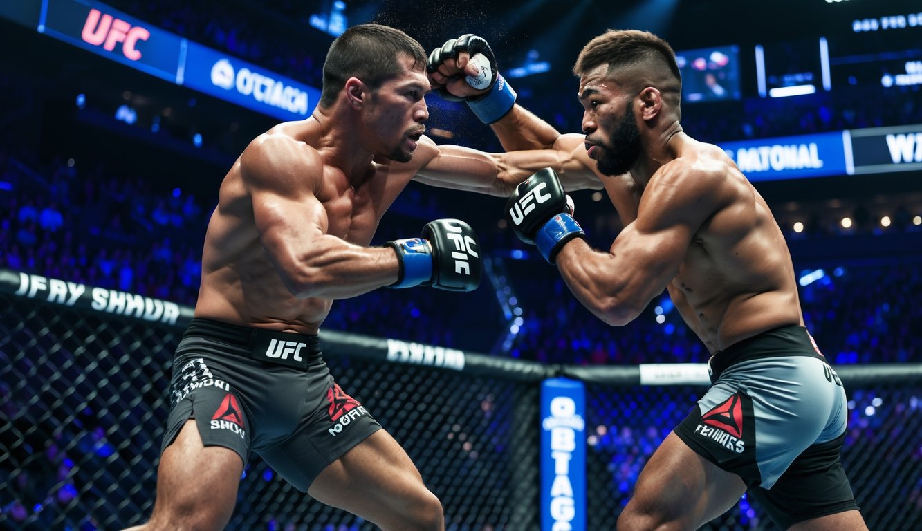 Dua petarung MMA sedang bertarung di dalam oktagon dengan penonton di latar belakang.