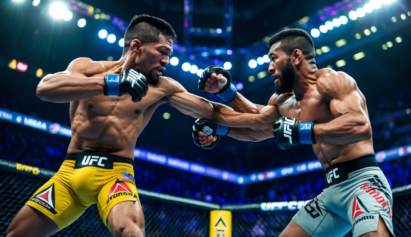 Dua petarung MMA sedang bertarung di dalam oktagon UFC dengan penonton dan lampu arena di latar belakang.