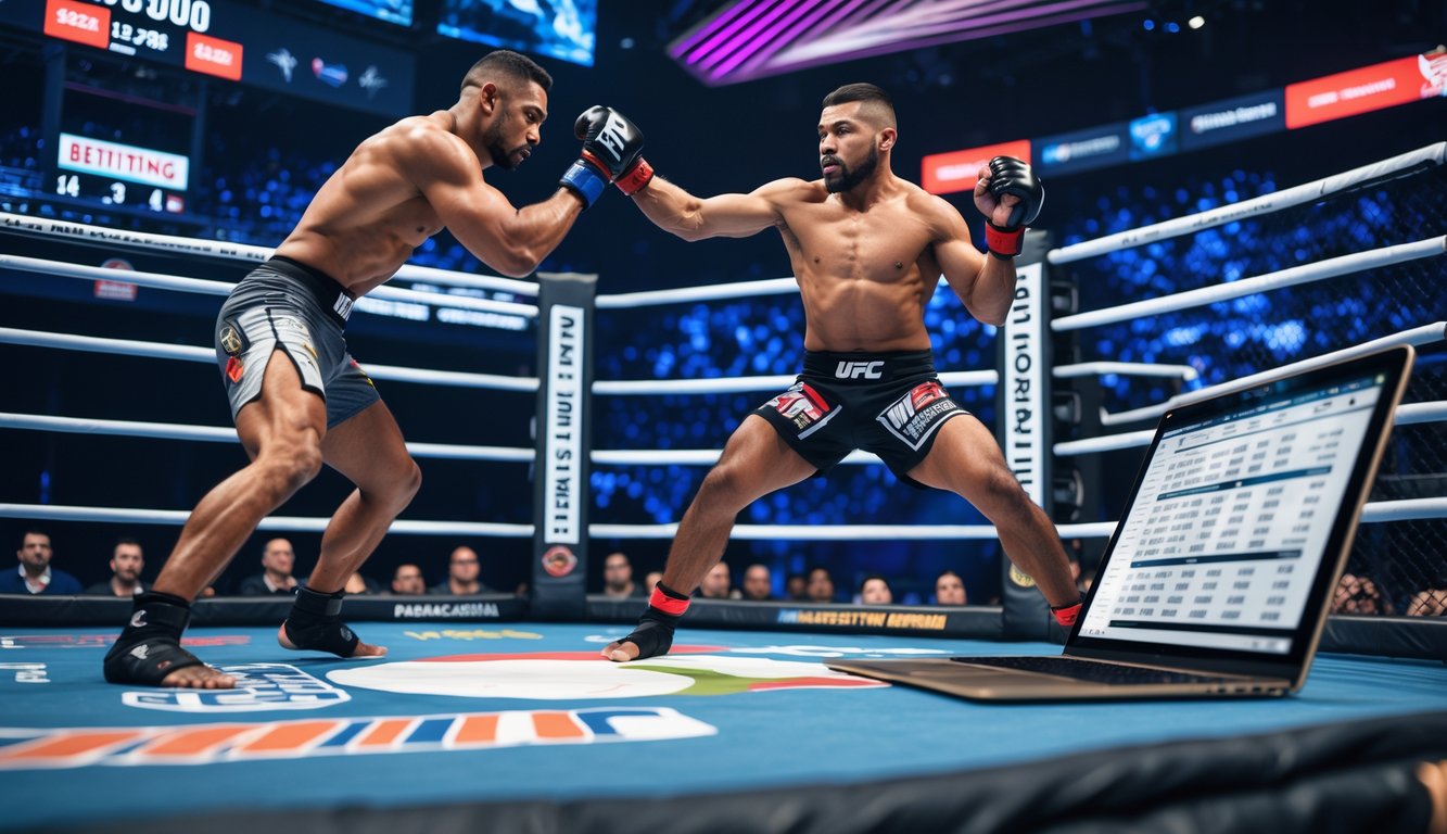 Dua petarung MMA sedang bertanding di dalam kandang octagon dengan penonton di sekelilingnya, satu petarung sedang memukul lawannya.