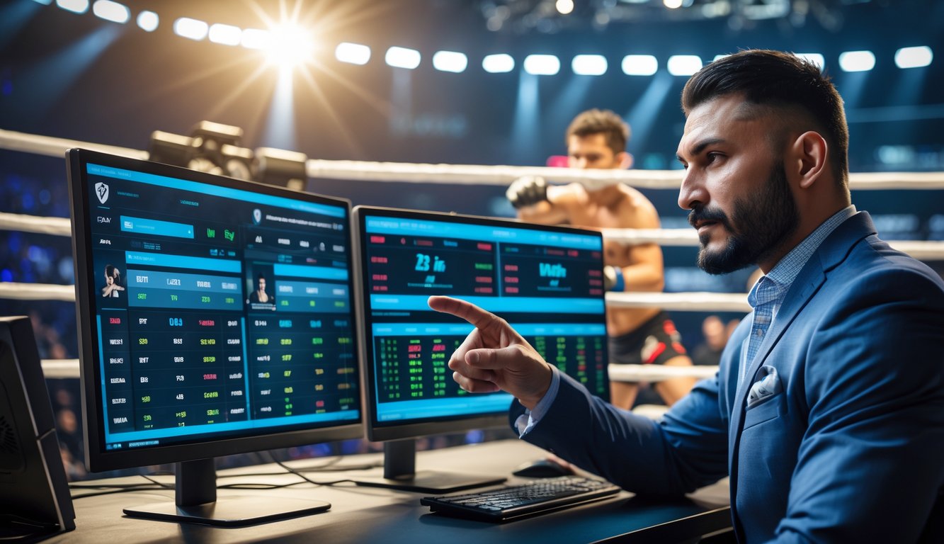 Seorang analis olahraga di depan beberapa layar komputer yang menampilkan statistik dan peluang taruhan MMA, dengan latar belakang pertarungan MMA di arena.