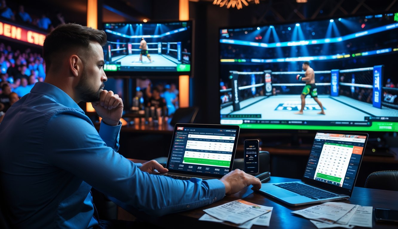 Seorang pria fokus melihat layar komputer dan televisi yang menampilkan pertarungan MMA di sebuah bar olahraga.